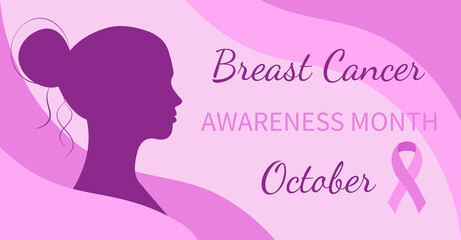 Breast Cancer Awareness month. October. Woman and pink awareness ribbon. Female silhouette and text. Vector poster illustration.