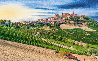 View of La Morra in the Province of Cuneo, Piedmont, Italy