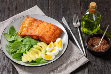 baked salmon fillet with eggs , spinach, avocado