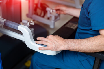 Modern hospital digital healthcare. Man in medical uniform working with computer technologies.