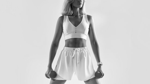 Conceptual black and white photo of beautiful young amazing sports fitness caucasian woman posing with dumbbell.