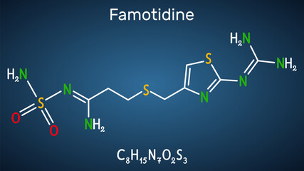 Famotidine, molecule. It is used for treatment of peptic ulcer disease, heartburn, gastroesophageal reflux disease. Structural chemical formula on the dark blue background