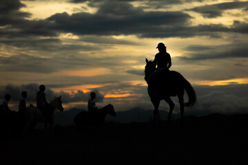The dominant silhouettes of woman riding  horse and of his riding group on open ground behind mountains, sky and sunset.