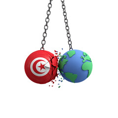 Tunisia flag ball hits planet earth. Environmental impact concept. 3D Render