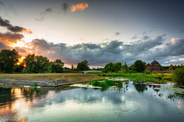 Beautiful sunset over the settlement of Trade Factory in Pruszcz Gdanski, Poland.