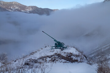 Avalanche control. A special gun, cannon for knocking down snow avalanches from the slopes of...