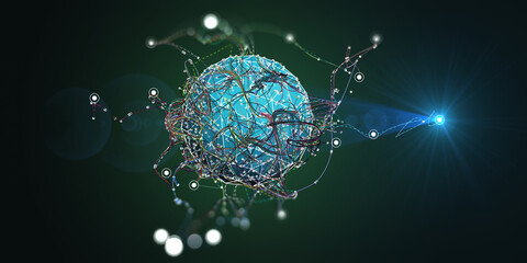 Abstract background with chaotic color lines connecting dots of sphere on dark. Analytics algorithms data. Quantum cryptography concept.  Big data. Banner for business, science and technology.