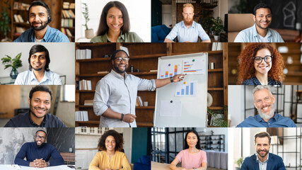 Focused confident African-American manager ceo employee leader holding video conference with diverse colleagues, presenting new strategy. Distant web brainstorming of multiracial team, video call