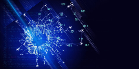 Abstract technology background with polygonal grid analyze and code. Analytics algorithms data. Quantum  computing concept. Big data. Banner for business, science and technology.