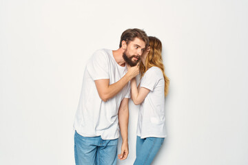 cheerful young couple communication friendship casual clothes light background