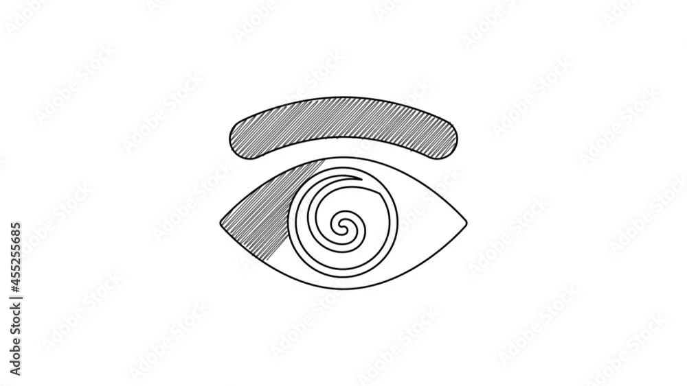 Poster Black line Hypnosis icon isolated on white background. Human eye with spiral hypnotic iris. 4K Video motion graphic animation