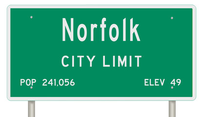 Rendering of a green Virginia highway sign with city information