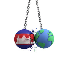 Cambodia flag ball hits planet earth. Environmental impact concept. 3D Render