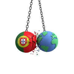 Portugal flag ball hits planet earth. Environmental impact concept. 3D Render