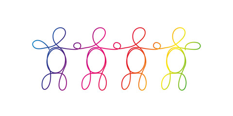 Line art diversity, LGBTQ concept. A group of four different people drawn with one line, rainbow colors on white.