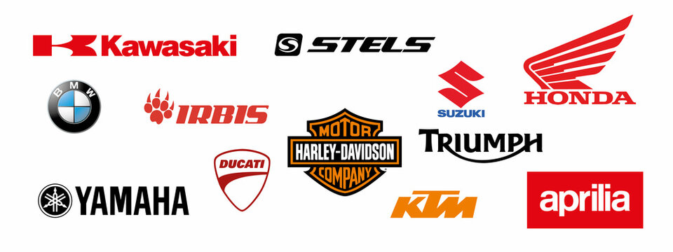 Set of Motorcycle Brand Logo. Yamaha, Honda, Ducati, Kawasaki, Triumph, BMW, Harley-Davidson, Suzuki, Aprilia, KTM, Stels, Irbis.