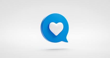 Blue like heart icon sign or favorite social love media illustration graphic element isolated on notification comment symbol with speech bubble followers concept. 3D rendering.