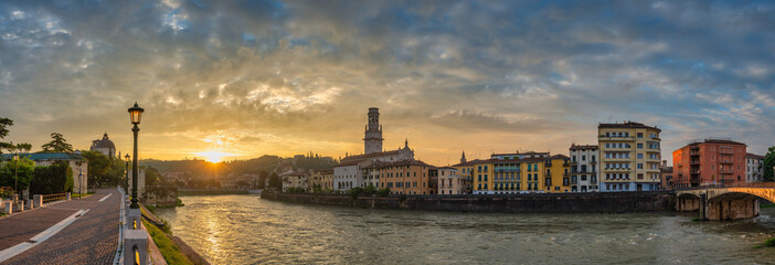 Fototapeta premium Verona Italy, panorama sunrise city skyline at Adige river and Verona Cathedral