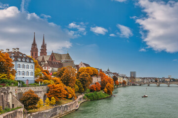 Basel Switzerland, city skyline at Rhine River with autumn foliage season - obrazy, fototapety, plakaty