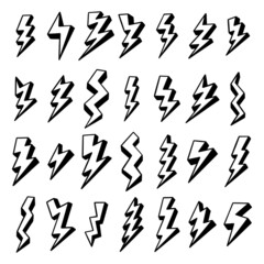 Lightning set. Elements for a thunderstorm. Objects for comics. Doodle hand draw style. Isolated illustration on a white background.