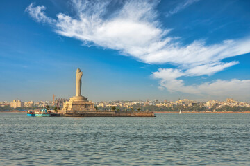 Hyderabad India, city skyline at Buddha statue in the Hussain Sagar