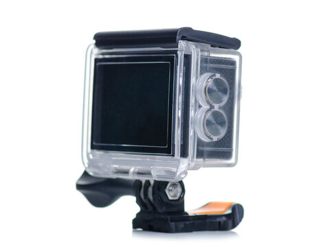 Waterproof case for action camera on white background isolation