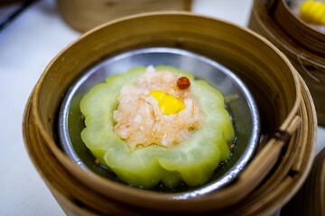 Dim sum in bamboo steamer, chinese food.