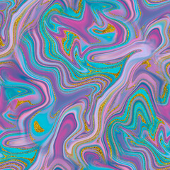 Obraz premium Seamless pattern with liquid and fluid marble texture, colourful acrylic, ink paint, mix colors. With shiny gold lines, golden marble veins. Abstract illustration