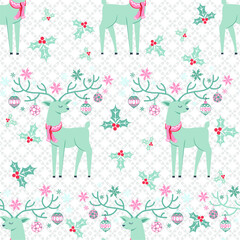Vector seamless pattern with an ornament of deer with large antlers, decorated with Christmas decorations. Pattern with stylized botanical and animalistic design. Snowflakes and Christmas decorations.