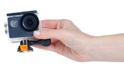Waterproof case for action camera in hand on white background isolation