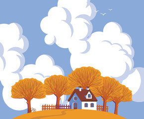 Autumn landscape with a small country house, yellowed trees and clouds in the blue sky. Decorative vector banner in cartoon style on a fall theme. Cute childish illustration