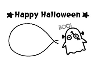 ハロウィン用メッセージカードのデザイン、怪物の仮装をしたオバケと吹き出しのイラスト