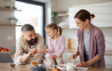 Family with small daughter indoors in kitchen at home, everyday life and home office with child concept.