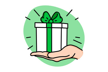 Shopping gift line color icon. Hand holding gift.