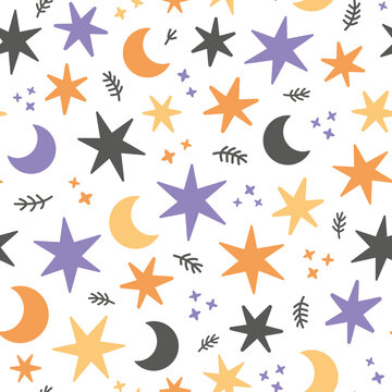 Cute colorful Halloween moon and stars pattern, seamless halloween background, vector illustration