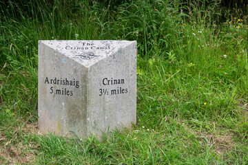 Crinan Canal mile marker in Argyll and Bute, Scotland