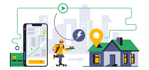 Online food delivery service to your home. The courier received a request for the delivery of food. Route to the address in the mobile application. Phone, app, courier, map, gps. Vector illustration.