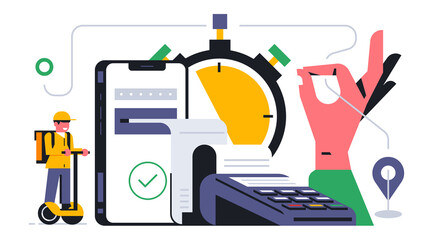 Online food delivery service to your home. Online payment for ordering food delivery through a mobile application. Courier, eat, phone, app, pay, terminal, check, hand, okay. Vector illustration.