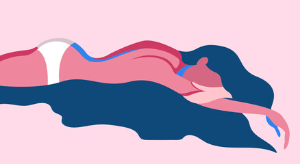 vector illustration of a girl sleeping in bed with her hair scattered on the pillow, dressed in underwear in pastel colors.useful for advertising relaxation products, sleep products, healthy lifestyle