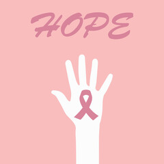 Breast cancer awareness for support and healthcare. A poster of the breast cancer campaign in October. A hand with a ribbon icon on a pink background. Vector