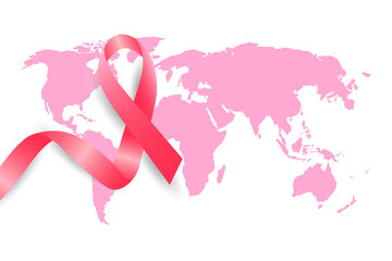 Naklejka na ściany i meble Breast Cancer Awareness Month pink ribbon. The concept of the world health campaign. Vector illustration with a pink awareness ribbon on the background of a world map. White background