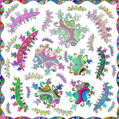 Obraz premium Seamless pattern with interesting doodles on colorfil background. Raster illustration.