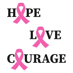 Hope, love, courage design of the inscription with a pink ribbon for a poster, banner. The concept of breast cancer awareness. The illustration is isolated on a white background.
