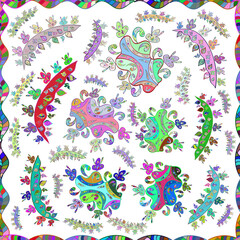 Seamless pattern with interesting doodles on colorfil background. Raster illustration.