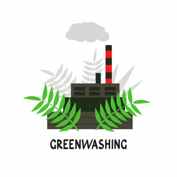 Vector illustration with greenwashing concept. Factory polluting the enviroment and hiding behind green plants. 