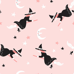 Seamless pattern with witches flying on brooms. Halloween design for fabric and paper, surface textures. 
