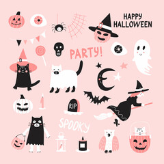 Vector illustration with cute Happy Halloween design elements on pink background. Pastel colors design. Icon set with pumpkins, little ghost, bat, spider, cats in costumes and witch on a broom.