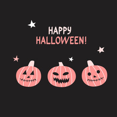 Fototapeta na wymiar Vector funny Halloween card with pumpkins. Hand written Happy Halloween. Pastel colors design.