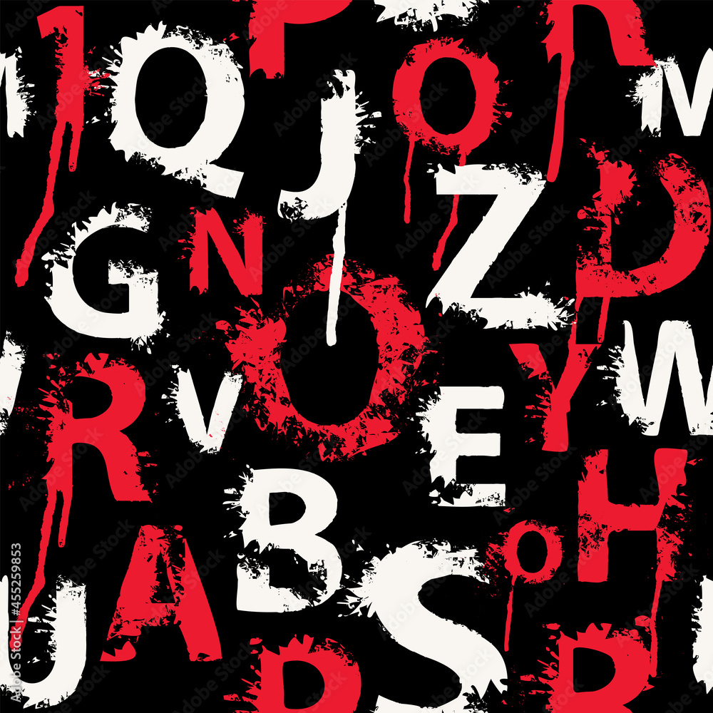 Poster seamless pattern with abstract letters in form of red and white paint blots and splashes on a black 