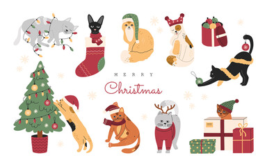 Set of Christmas cats, collection of funny cute pets in hats, knitted sweaters and scarfs. Sleeping kittens with garlands and presents. Hand drawn vector illustration, isolated on white background